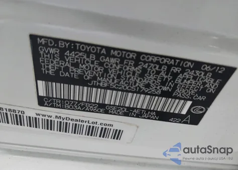 2012 Lexus Is 250 z USA, uszkodzony, nr VIN JTHBF5C20C5179258